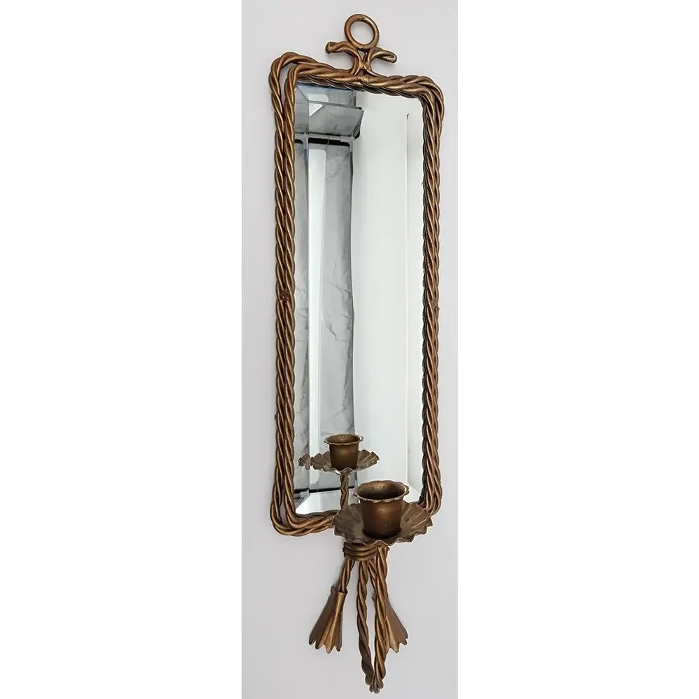Antique Gold Wall Mirror Candle Holder – Etched Glass Hurricane w/ Purple Candle